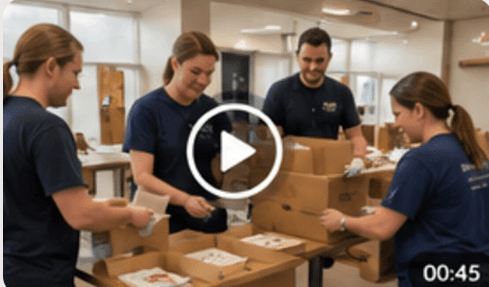Team members packing hampers at a food bank warehouse